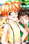  1girl 2boys atchy black_hair brown_eyes brown_hair child double_v hat kasumi_(pokemon) midriff multiple_boys orange_hair pikachu pokemon pokemon_(anime) ponytail redhead satoshi_(pokemon) short_hair side_ponytail smile suspenders takeshi_(pokemon) tree v yellow_eyes 