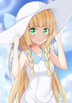  1girl blonde_hair blue_sky braid clouds dated dress eyebrows_visible_through_hair hat lillie_(pokemon) long_hair pokemon pokemon_(game) pokemon_sm signature sky sleeveless sleeveless_dress solo twin_braids twitter_username unel1211 white_dress 