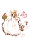  1girl absurdres angel angel_wings bouquet bunny_hair_ornament dress flower frills hair_ornament hairclip highres koge_donbo long_hair misha misha_(pita_ten) official_art pink_hair pita_ten plaid rose scan simple_background solo white_background white_dress white_wings wings 