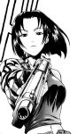  1girl beretta_92 black_lagoon foreshortening from_below gun handgun hiroe_rei midriff monochrome official_art pistol revy_(black_lagoon) semiautomatic short_hair solo tattoo weapon 