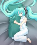  1girl aqua_hair barefoot eko hatsune_miku long_hair pajamas pillow sleeping solo twintails very_long_hair vocaloid 