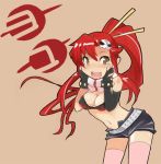  1girl :d blush breasts cleavage eu03 face hands_on_own_cheeks hands_on_own_face long_hair midriff navel open_mouth redhead scarf short_shorts shorts smile solo tengen_toppa_gurren_lagann thigh-highs yellow_eyes yoko_littner 