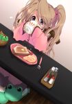  1girl brown_hair child commentary cup drinking food mug odagiri_sakura omelet original pajamas salad slippers solo toast twintails violet_eyes 