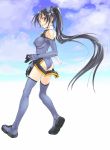  1girl ass bangs bare_shoulders black_eyes black_hair blue_boots blue_gloves blue_legwear blush boots breasts clouds day elbow_gloves erect_nipples floating_hair from_side full_body gloves hair_ribbon halterneck headgear high_ponytail highres ichijou_eika kneepits leotard long_hair long_legs looking_at_viewer looking_back medium_breasts motionslit outdoors parted_lips pilot_suit ponytail ribbon satou_atsuki sky sky_girls solo thigh-highs thigh_boots turtleneck very_long_hair 