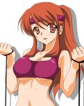  1girl alternate_hairstyle asahina_mikuru asahina_mikuru_(adult) breasts brown_eyes brown_hair cleavage collarbone exercise large_breasts looking_at_viewer older ponytail sidelocks sinko solo sports_bra suzumiya_haruhi_no_yuuutsu sweat sweating sweating_profusely upper_body 