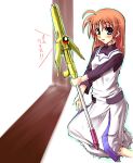  1girl ahoge alternate_hairstyle boshinote dress full_body gem holding holding_weapon kneeling long_sleeves lyrical_nanoha magical_girl mahou_shoujo_lyrical_nanoha mahou_shoujo_lyrical_nanoha_strikers outstretched_arm pillar polearm raising_heart simple_background solo spear sphere takamachi_nanoha weapon white_background white_dress 