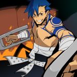  1boy bandage blue_hair bodypaint fire grin gun_zi_(i&amp;eyes) kamina lowres male_focus sarashi shirtless smile solo tattoo tengen_toppa_gurren_lagann topless 