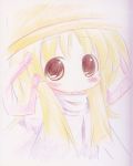  1girl blonde_hair blush colored_pencil_(medium) face female hat lowres moriya_suwako muuba portrait solo touhou traditional_media yellow_eyes 