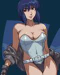  1girl belt blue_hair breasts cleavage fingerless_gloves ghost_in_the_shell ghost_in_the_shell_stand_alone_complex gloves highleg highleg_leotard jacket kusanagi_motoko large_breasts leotard lowres matoyama oekaki off_shoulder red_eyes smile solo 