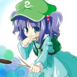  1girl backpack bag bangs blue_dress blue_eyes blue_hair blunt_bangs blush closed_mouth dress female flat_cap frown hair_bobbles hair_ornament hat kawashiro_nitori looking_at_viewer lowres pocket pointing simple_background solo tajima_yuuki touhou two_side_up white_background 