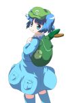 1girl aqua_eyes backpack bag blue_hair boots cattail cucumber female gahiro hat kawashiro_nitori looking_back plant pocket rubber_boots simple_background solo sunviola touhou twintails 