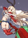  1girl ass bell blonde_hair blurry boots box capelet christmas crop_top depth_of_field elbow_gloves full_body gift gift_box gloves highleg highleg_panties highres jumping kantai_collection legs_up long_hair looking_at_viewer microskirt open_mouth outstretched_arms panties red_gloves red_legwear sack shimakaze_(kantai_collection) skirt solo takanashie thigh-highs underwear yellow_eyes 