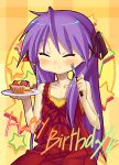  blush cake closed_eyes dress food fork hair_ribbon happy hiiragi_kagami kink long_hair lucky_star pastry purple_hair ribbon smile 