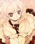  1girl apron blonde_hair buttons dress female hands_together kirisame_marisa long_hair long_sleeves no_hat no_headwear own_hands_together puffy_sleeves sepia smile solo touhou yuu_(kfc) 