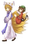  2girls animal_ears bad_anatomy bad_id blonde_hair cat_ears cat_tail chen female fox_tail hat hug long_sleeves multiple_girls natsuk pillow_hat poorly_drawn shoes short_hair tail tail_hug tassel touhou white_background wide_sleeves yakumo_ran 