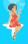  1girl animal bare_shoulders black_hair blue_background butterfly butterfly_on_hand dark_skin dress floral_print insect looking_at_viewer original red_dress red_eyes short_hair simple_background sleeveless sleeveless_dress solo ukke 