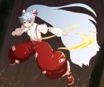  1girl bow dress_shirt female fire fujiwara_no_mokou hair_bow hair_ribbon haniwa haniwa_(leaf_garden) long_hair pants red_eyes ribbon shirt shoes silver_hair solo suspenders touhou white_shirt 