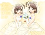 2girls bell_line_gown bride dress fujieda_miyabi futami_ami futami_mami idolmaster multiple_girls siblings sisters twins wedding_dress 