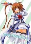  1girl cover cover_page doujin_cover fingerless_gloves gloves lyrical_nanoha magical_girl mahou_shoujo_lyrical_nanoha mahou_shoujo_lyrical_nanoha_strikers solo takamachi_nanoha thigh-highs twintails waist_cape yamaguchi_ugou 