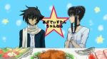  1boy 1girl bird black_hair blue_background brown_eyes chicken choker collarbone dark_skin expressionless food gundam gundam_00 long_sleeves looking_at_viewer lucky_channel lucky_star marina_ismail own_hands_together parody salad scarf setsuna_f_seiei sidelocks simple_background upper_body 