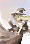  1girl blonde_hair broom broom_riding female foreshortening hat kamonari_ahiru kirisame_marisa long_hair ribbon sidesaddle solo touhou 