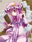  1girl book creaholic female flying_paper hat long_hair paper patchouli_knowledge purple_hair ribbon solo toshihiro touhou 