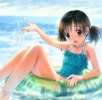  1girl bare_shoulders barefoot beach bikini brown_eyes brown_hair child feet_in_water flat_chest formal goto_p hands innertube midriff navel ocean partially_submerged soaking_feet solo splashing swimsuit tankini twintails water 