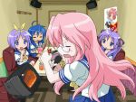  4girls glasses hiiragi_kagami hiiragi_tsukasa imo_works izumi_konata karaoke lowres lucky_star microphone multiple_girls school_uniform serafuku siblings sisters takara_miyuki twins 