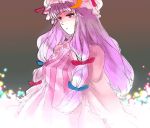  1girl blue_bow bow crescent dress female frills hair_bow half-closed_eyes hat long_hair long_sleeves magic mob_cap multi-tied_hair patchouli_knowledge pink_dress purple_hair red_bow solo touhou upper_body very_long_hair violet_eyes yukizen 