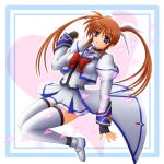  1girl bow clenched_hand fingerless_gloves gloves heart lyrical_nanoha magical_girl mahou_shoujo_lyrical_nanoha mahou_shoujo_lyrical_nanoha_strikers red_bow redhead solo takamachi_nanoha thigh-highs twintails violet_eyes waist_cape yamaguchi_ugou 
