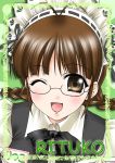  1girl ;d ahoge akizuki_ritsuko blush bow bowtie braid brown_eyes brown_hair character_name close-up eyebrows eyebrows_visible_through_hair face female frills glasses idolmaster itsuki_sayaka maid_headdress one_eye_closed open_mouth rimless_glasses short_twintails smile solo twin_braids twintails upper_body waitress wink 