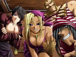  1girl 3boys alex_benvesta angry black_hair blonde_hair blue_eyes breasts catullus_benvesta cleavage crossed_arms dark_skin eushully game_cg gina_benvesta grin hatozuki_tsumiki jewelry jides_benvesta kuutei_senki long_hair map multiple_boys open_mouth pirate saeki_hokuto smile tattoo tsurime wallpaper watermark 