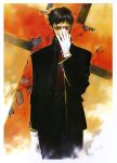  1boy absurdres adjusting_glasses cross glasses gloves highres ikari_gendou male_focus neon_genesis_evangelion sadamoto_yoshiyuki scan solo sunglasses 