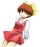  1girl blush bow brown_hair buttons d=code dress fang gegege_no_kitarou jumper legs looking_at_viewer nekomusume pinafore_dress shirt short_hair simple_background smile solo touei white_background white_shirt yellow_bow 