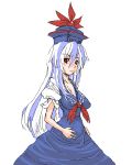  1girl bad_id breasts cleavage female hands_on_hips hat jewelry kamishirasawa_keine long_hair mirutonia_(violet) red_eyes simple_background solo touhou white_background white_hair 