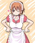  1girl aliasing apron breasts brown_eyes brown_hair dressing futaba_channel hair_up heart kudoi large_breasts looking_at_viewer maid maid_apron maid_cap nijiura_maids one_eye_closed solo takayaki tying wink 