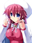  1girl aty aty_(summon_night) blue_eyes blush breasts futaba_shion glasses glasses_removed hat huge_breasts large_breasts long_hair long_sleeves looking_at_viewer pink_hair ribbed_sweater simple_background solo summon_night summon_night_3 sweater upper_body utanone_shion white_background 