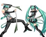  1boy 1girl aqua_hair dual_wielding genderswap hatsune_miku hatsune_mikuo lowres makuro spring_onion thigh-highs twintails vocaloid zettai_ryouiki 