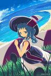  1girl bare_shoulders beach blue_eyes blue_hair blue_sky clouds coast day dress from_behind grass hat looking_at_viewer looking_back original outdoors plant sand sango_(53box) shore sky solo sun_hat water white_dress 