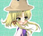  1girl :d akino_ochiba blonde_hair blush dress extra_eyes female frog hat long_sleeves looking_at_viewer moriya_suwako mountain_of_faith open_mouth purple_dress sidelocks smile solo tareme touhou upper_body yellow_eyes 