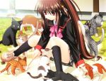  1girl bow brown_hair cat little_busters!! long_hair na-ga natsume_rin pink_bow ponytail red_eyes school_uniform serafuku solo too_many too_many_cats 