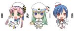  3girls aika_granzchesta alice_carroll aria aria_pokoteng blue_eyes blue_hair bow cat chibi earrings full_body green_eyes green_hair hair_tubes hat hayashi_tsugumi hime_granzchesta jewelry long_hair mizunashi_akari multiple_girls oar pink_hair president_maa red_eyes short_hair sidelocks uniform 