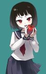  1girl apple bad_id black_hair food fruit holding holding_fruit original oryou red_eyes school_uniform serafuku short_hair solo 