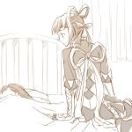  2girls bed brown gensou_suikoden gensou_suikoden_v gloves lowres lymsleia_falenas miakis monochrome multiple_girls puramairain ribbon sketch sleeping 