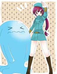  &gt;_&lt; 1girl bad_id c2 chako_nejio closed_eyes hat kazuki long_hair moemon nintendo personification pokemon ponytail red_eyes redhead solo standing wobbuffet 