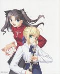  00s 3girls absurdres black_hair blonde_hair blue_eyes company_connection creator_connection crossover fate/stay_night fate_(series) green_eyes highres long_hair multiple_girls nekoarc red_eyes saber scan short_hair sword takeuchi_takashi tohsaka_rin tsukihime type-moon weapon 