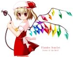  1girl ascot blonde_hair character_name female flandre_scarlet hat hat_ribbon laevatein maroppe rainbow_order red_eyes ribbon short_hair side_ponytail solo touhou wings 