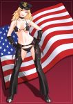  1girl america american_flag aqua_eyes bad_id badge bikini black_bikini blonde_hair boots breasts chaps collar dixie_clemets flag gloves hands_on_hips hat head_tilt high_heels highres large_breasts lipstick long_hair lowleg lowleg_bikini makeup micro_bikini peaked_cap police rumble_roses sgt._clemets shadow shoes shoumaru_(gadget_box) smile solo standing swimsuit under_boob 