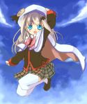  1girl azuki_akizuki blue_eyes bow buttons cape fang hat havemoon jumping large_buttons little_busters!! long_hair noumi_kudryavka pink_bow plaid plaid_skirt school_uniform serafuku silver_hair skirt solo thigh-highs 