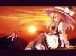  black_hair blonde_hair braid broom broom_riding dagu female flying hair_ribbon hakurei_reimu hat japanese_clothes kirisame_marisa miko ribbon sky sun sunset touhou witch witch_hat wrist_cuffs 